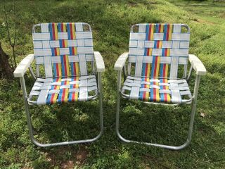 Vintage Aluminum Folding Webbed Lawn Chair Set Of 2 White Blue Red Yellow