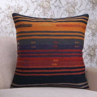 Hook Embroidered Kilim Pillow Large 24x24 " Striped Vintage Rug Throw