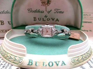 Vintage Ladies 1957 Bulova Goddess Of Time Diamond Set Case White Rolled Gold