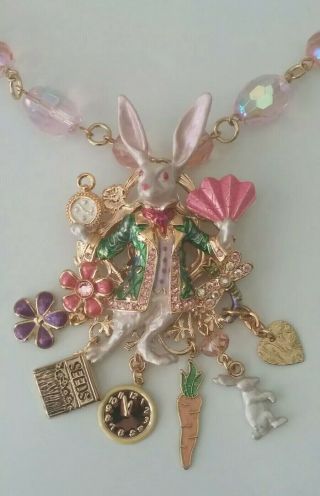 Kirk’s Folly Alice In Wonderland White Rabbit Brooch Pendant Crystal Necklace