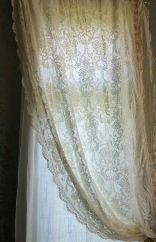 4 Vtg Curtain Panel French Italian Lace Drapes Ruffle Shabby Chic Off White 10ft