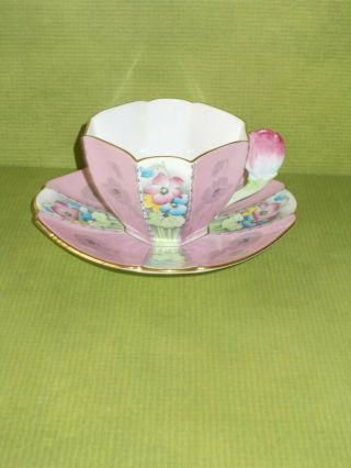 Rare Tulip Handled Queen Anne Cup And Saucer/violets With Pink Panels