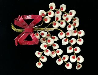 Very Rare Huge Vintage Fred Block Pin/brooch White Enamel Blossoms W/red Stones