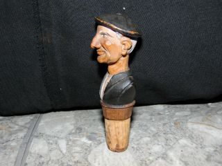 Vintage Wood Bottle Stopper Old Man Carved 2