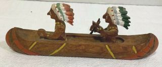 Vintage Carved Wooden Indian Chiefs In Canoe Toy - Japan - 7 3/4 " Long