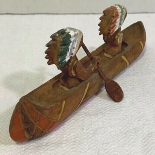 Vintage Carved Wooden Indian Chiefs in Canoe TOY - JAPAN - 7 3/4 