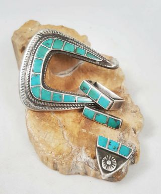 VTG Navajo Sterling Silver Turquoise Old Pawn Ranger Belt Buckle Set Repair 2