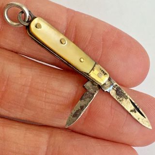 Antique German Miniature Mother Of Pearl Folding Knife Fob Charm Vtg Signed