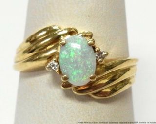 Natural Australian Opal Diamond 14k Gold Ring Ladies Vintage Birthstone Size 6.  5