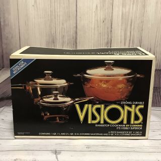 Corning Glass Amber Visions Cookware Pots Pans 6 Piece Set V - 360 - N Vintage