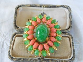 Lovely Colourful Vintage 1960s Faux Coral Jade Cabochon Brooch Signed Jomaz