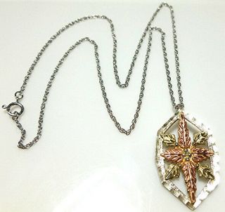 Sterling Silver 10k Black Hills Gold Leaf Religious Cross Pendant Necklace 17.  5 "