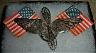C.  1940 World War 2 Sterling Silver Airforce Propeller & Wings Pin W/ Flags Vafo