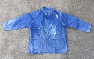 Vtg Oshkosh Blue Jean Denim Men Chore Work Vtg Jacket Coat Patina Distressed 46r