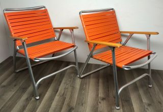 Vintage Aluminum Folding Lawn Chair Set Orange Vinyl Strap Wood Arm Mcm Patio