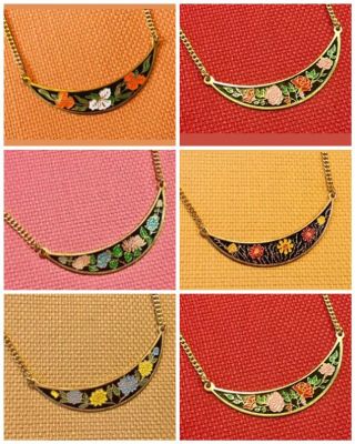 6 Vintage Art Deco Cloisonne Bib Necklace,  Enamel Crescent Moon Necklace,  Floral