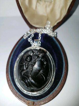 Antique Victorian Whitby Jet & Silver Mount Goddess Cameo Pendant On Chain