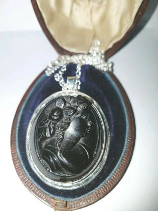 ANTIQUE VICTORIAN WHITBY JET & SILVER MOUNT GODDESS CAMEO PENDANT ON CHAIN 5