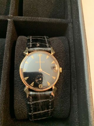 Benrus Vintage Solid 14kt Yellow Gold Men’s Wristwatch Retro Black Face