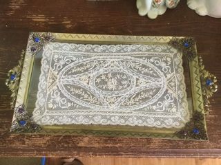 Antique Art Nouveau Jeweled Vanity/dresser Tray Bow Handles Tambour Lace Insert