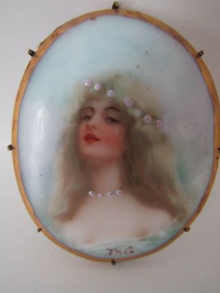 Large Vintage Hand Painted Porcelain Pin With Portrait,  Artist Signed