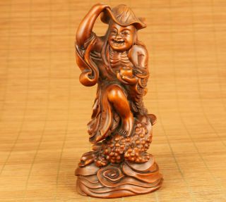 Rare Chinese Old Boxwood Hand Carved Bring Fortune Buddha Jin Chan Statue Figure