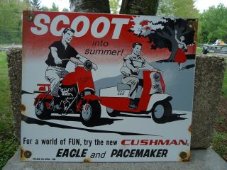 Vintage Dated 1958 Cushman Eagle & Pacemaker Scooter Porcelain Dealer Sign