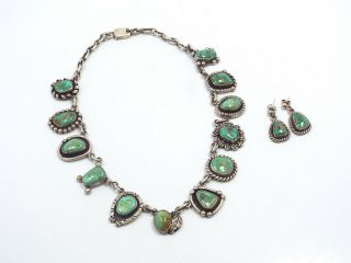 Vtg Native American Silver & Turquoise Design Border Choker Necklace & Earrings