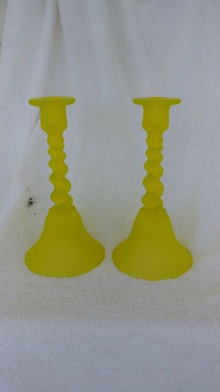 Vintage Tiffin Yellow Satin Vaseline Glass Twisted Candlesticks 1930 