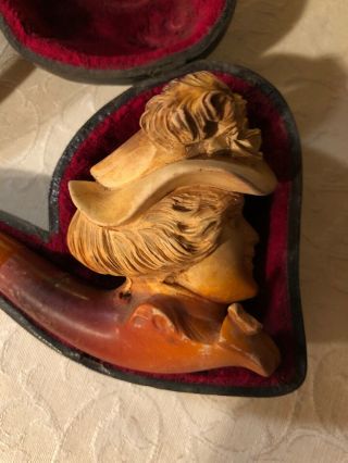 ANTIQUE VINTAGE 1800 ' S MEERSCHAUM PIPE VICTORIAN LADY WITH AMBER STEM 11