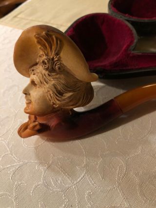 ANTIQUE VINTAGE 1800 ' S MEERSCHAUM PIPE VICTORIAN LADY WITH AMBER STEM 3