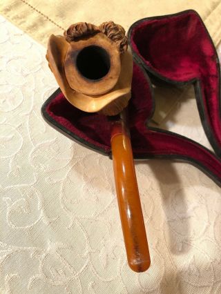 ANTIQUE VINTAGE 1800 ' S MEERSCHAUM PIPE VICTORIAN LADY WITH AMBER STEM 5