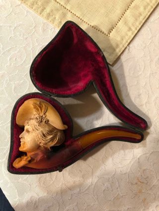 ANTIQUE VINTAGE 1800 ' S MEERSCHAUM PIPE VICTORIAN LADY WITH AMBER STEM 8