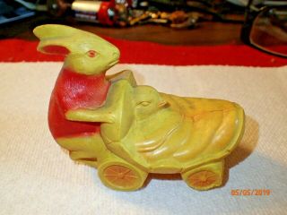 Vintage Celluloid Easter Bunny Pushing Chick In Stroller