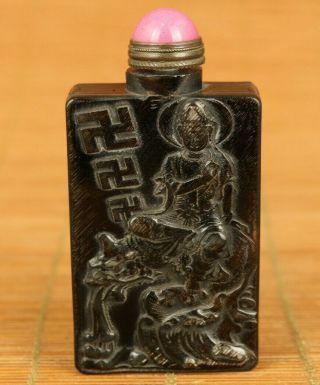 Rare Chinese Old Yak Horn Hand Carved Guanyin Dragon Statue Snuff Bottle Gift