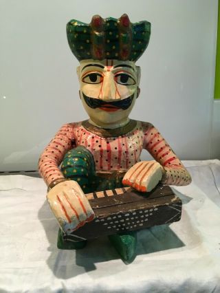 Antique Vintage Indian Rajasthani Hand Painted Carved Wood Figure Polychrome