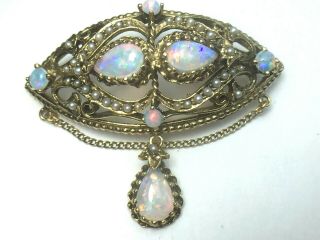 Magnificent Antique 14k Yellow Gold Peacock Opal Seed Pearl Chain Brooch.  10.  6gm.