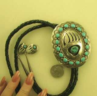 Vintage Southwest Shadow Box Bear Paw W/turquoise Bolo Tie Sterling