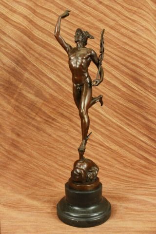 Vintage Nude Flying Mercury Rare Bronze Statue Sculpture Marble Base Art Decor