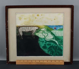 Antique Expressionist Abstract Signed Colored Etching Landscape & Cheetah