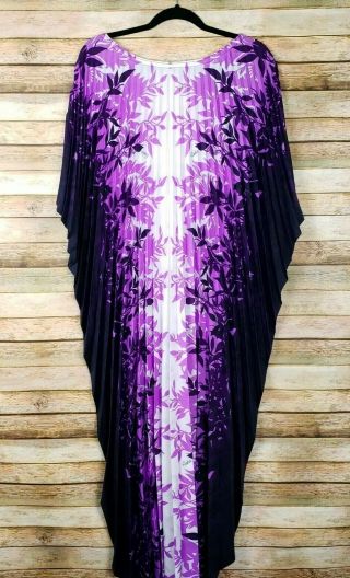 Vintage Accordion Hawaiian Dress One Size Floral Pleat Caftan Muumuu Maxi Purple