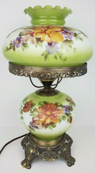 Vintage Green Hand Painted Floral Ornate Brass Tone Gone With The Wind Lamp