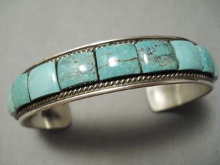 Very Rare Vintage Navajo Green Turquoise Inlay Sterling Silver Bracelet