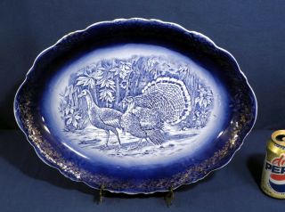Vintage Antique 19th C.  Flow Blue Turkeys Oval Serving Platter 17 - 3/8 " X 12 - 3/4 "