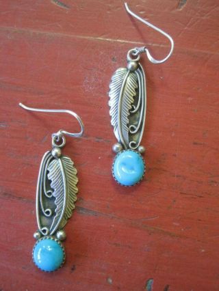 Vintage Navajo Native Sterling Silver Turquoise Dangle Earrings Signed Tg