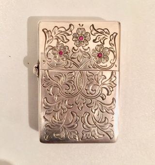 Vintage Etched 800 Silver & Rubies Zippo Lighter Case Made In Italy