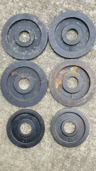 Six Vintage (5 Milled) York Barbell Olympic Weight Plates (25 Pounds Total)