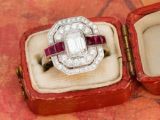 Antique 2.  2ct Emerald Diamond 14k White Gold Over Art Deco Retro Engagement Ring