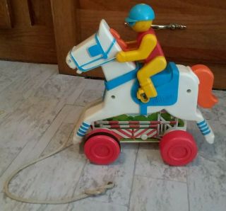 Vintage Chicco Race Horse & Jockey Rider Pull Toy Jockey/horse Head Goes Up/down