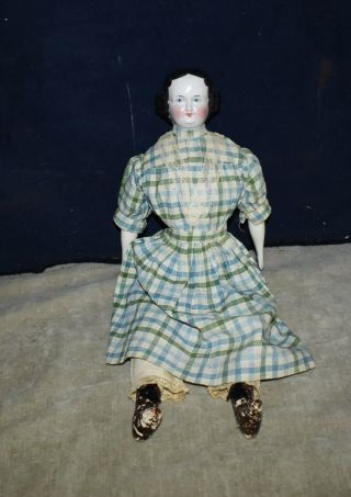 Antique German Porcelain China Head Doll High Brow & Blue Eyes - Rare Hair Style